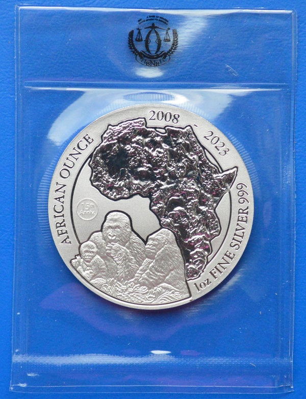 Rwanda 50 mirongo Berggorilla 15e verjaardag 1 ounce 999/1000 zilver 2008-2023 in seal