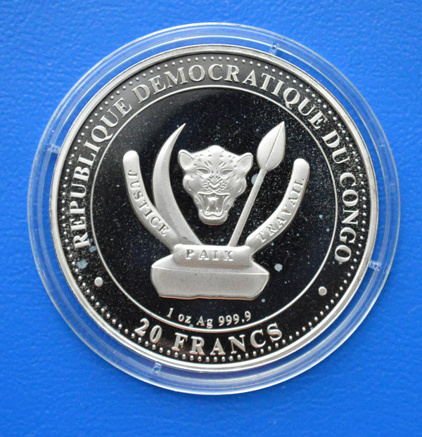20 francs Republique du Congo Prehistoric Life Parasaurolophus1 ounce 999 zilver 2022 in capsule