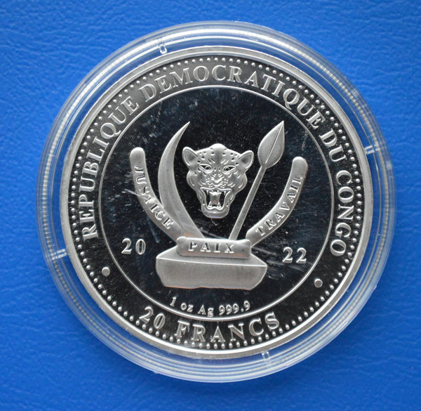 20 francs Republique du Congo The Bear 1 ounce 999/1000 zilver 2022 in capsule
