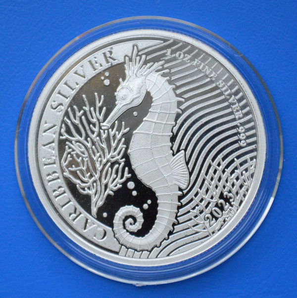1 dollar Barbados seahorse 1 ounce 999/1000 zilver 2023 in capsule oplage 10.000 stuks