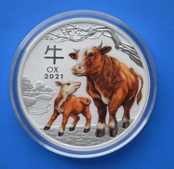 1 dollar Lunar 3 Australie Year of the Ox kleur 1 ounce 999/ zilver 2021 in capsule met certificaat