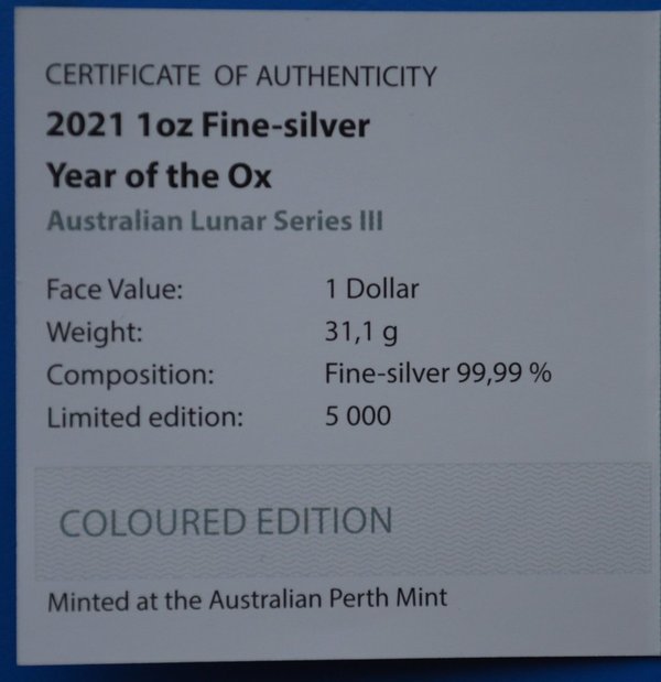 1 dollar Lunar 3 Australie Year of the Ox kleur 1 ounce 999/ zilver 2021 in capsule met certificaat