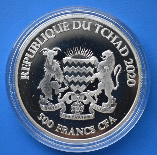 500 francs Republique du Tchad Ox 1 ounce 999/1000 zilver 2020 in capsule