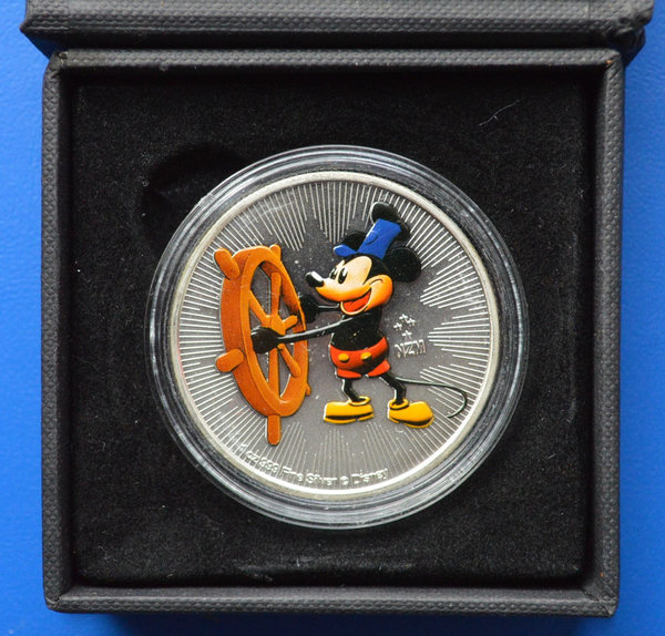 2 dollar Niue Mickey Mouse Stoomboot Willie partial kleur 1 ounce 999 zilver 2017 oplage 100 stuks