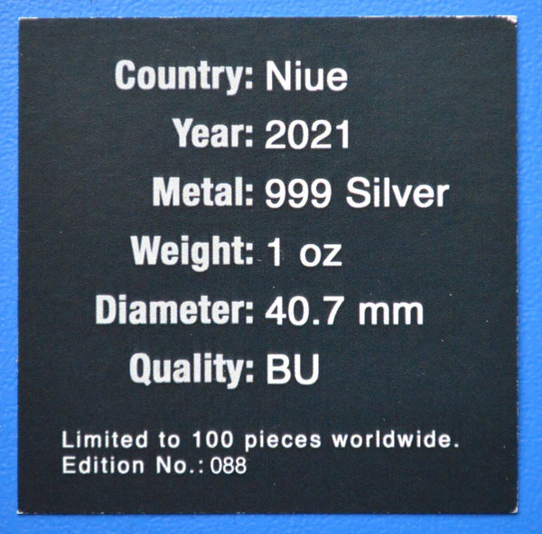 2 dollar Niue Back to Future II in  kleur 1 ounce 999/1000 zilver 2021 oplage 100 stuks
