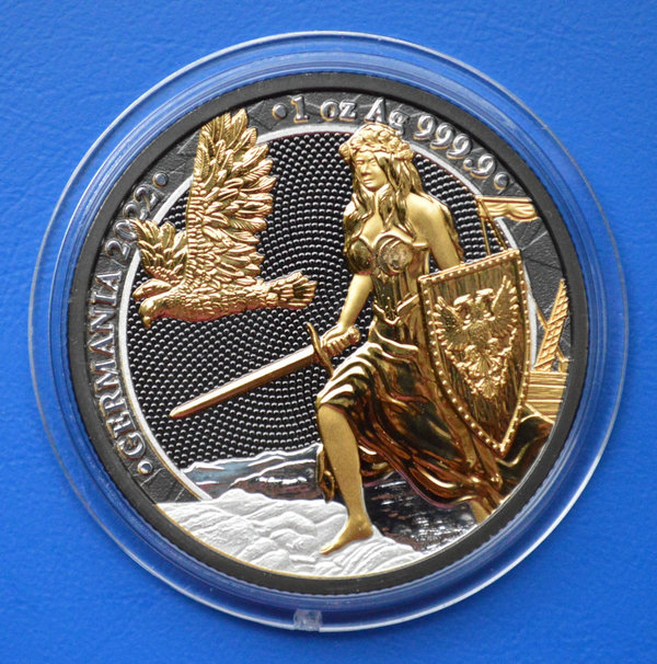 5 mark Duitsland Germania Black Platinum & Gold plate 1ounce 999/1000 zilver 2022 oplage 100 stuks