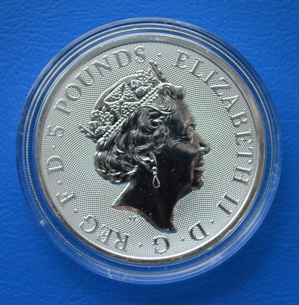 5 pounds Engeland Queens beast Lion of England kleur 2 ounce 999/1000 zilver 2022 in capsule