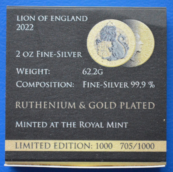 5 pounds Queens beast Lion of England Ruthenium gold Plated 2 ounce 999/1000 zilver 2022 in capsule