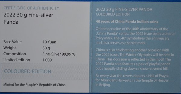 10 yuan China Panda in kleur 1 ounce 999/ zilver 2022 in capsule met certificaat
