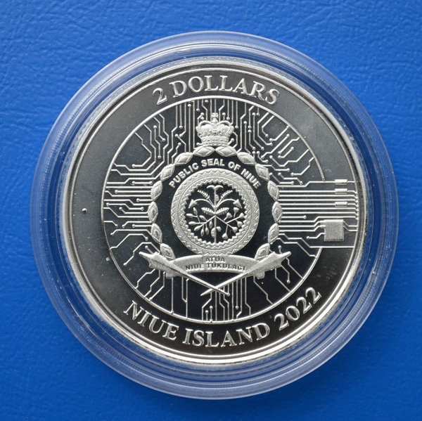 2 dollar NIUE Nieuw-Zeeland Bitcoin Vires in Numeris 1 ounce 999/1000 zilver 2022 in capsule