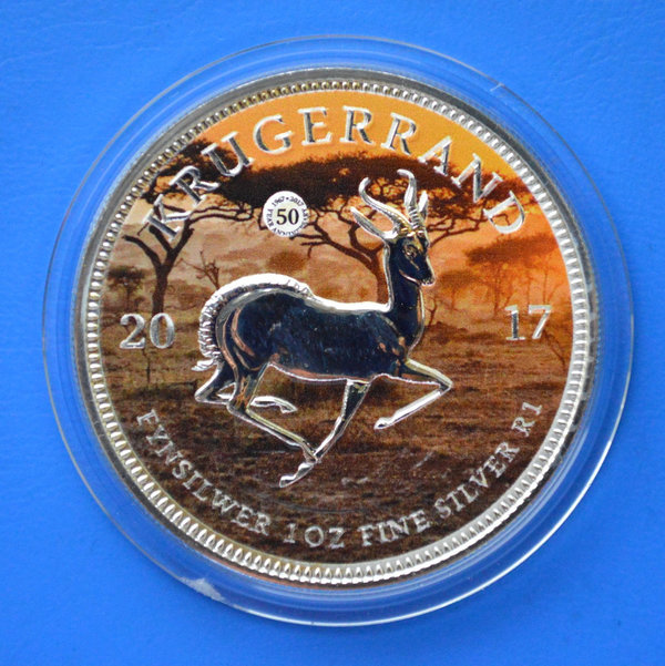 1 rand Zuid Afrika Krugerrand in kleur 1 ounce 999/1000 zilver 2017 in capsule met certificaat