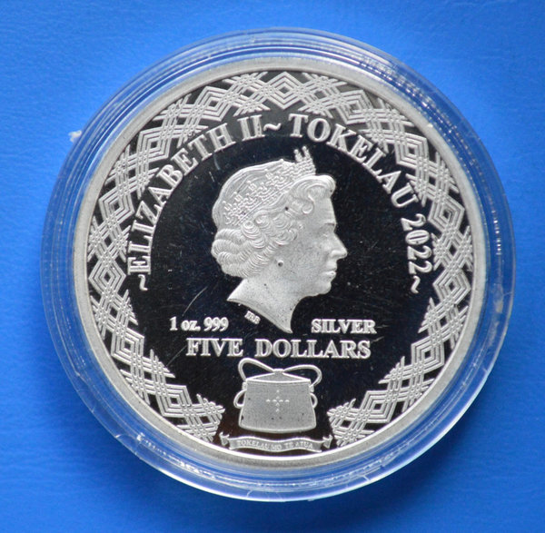 5 dollar Tokelau Whiskered Screech Uil 1 ounce 999/1000 zilver 2022 in capsule
